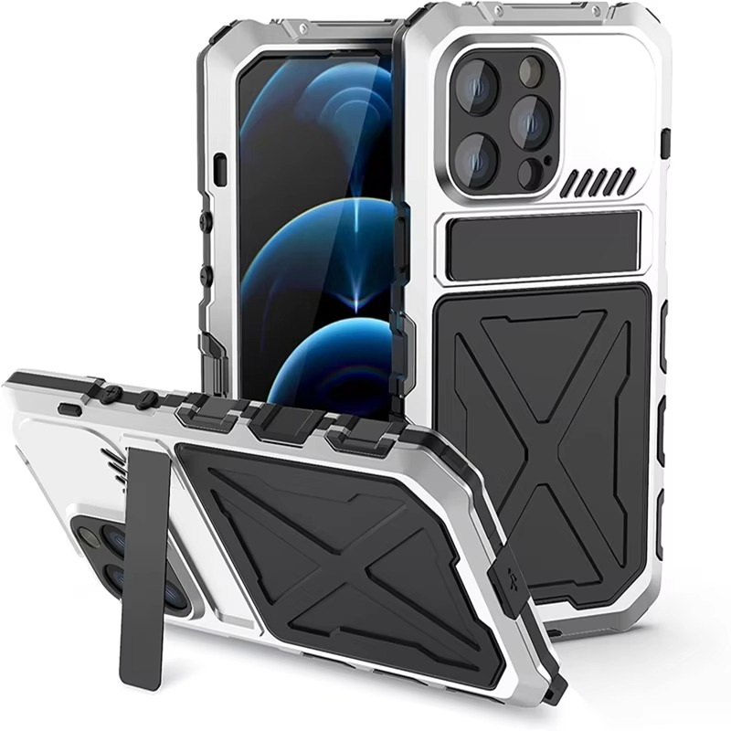 Rugged iPhone Case — Aluminum Military Metal Bumper with Screen Protector, Shockproof Silicone Back, Heavy-Duty Water-Resistant Non-Slip Design