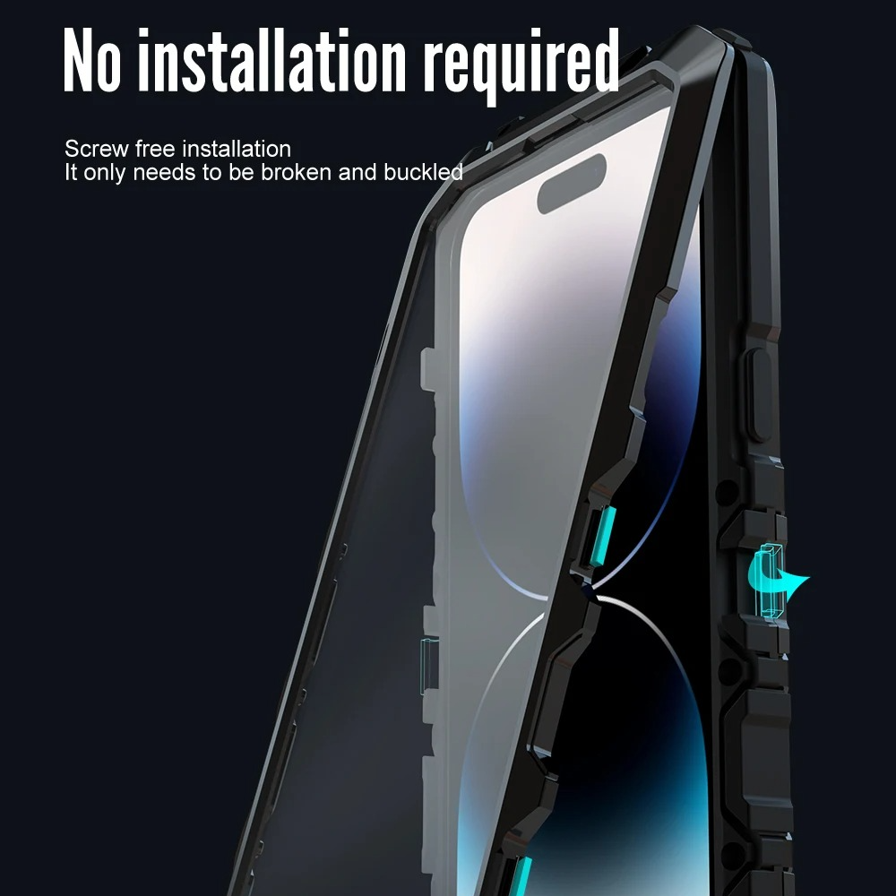 Rugged iPhone Case — Aluminum Military Metal Bumper with Screen Protector, Shockproof Silicone Back, Heavy-Duty Water-Resistant Non-Slip Design