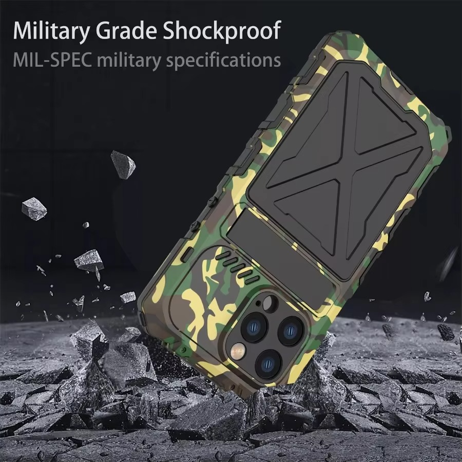 Rugged iPhone Case — Aluminum Military Metal Bumper with Screen Protector, Shockproof Silicone Back, Heavy-Duty Water-Resistant Non-Slip Design