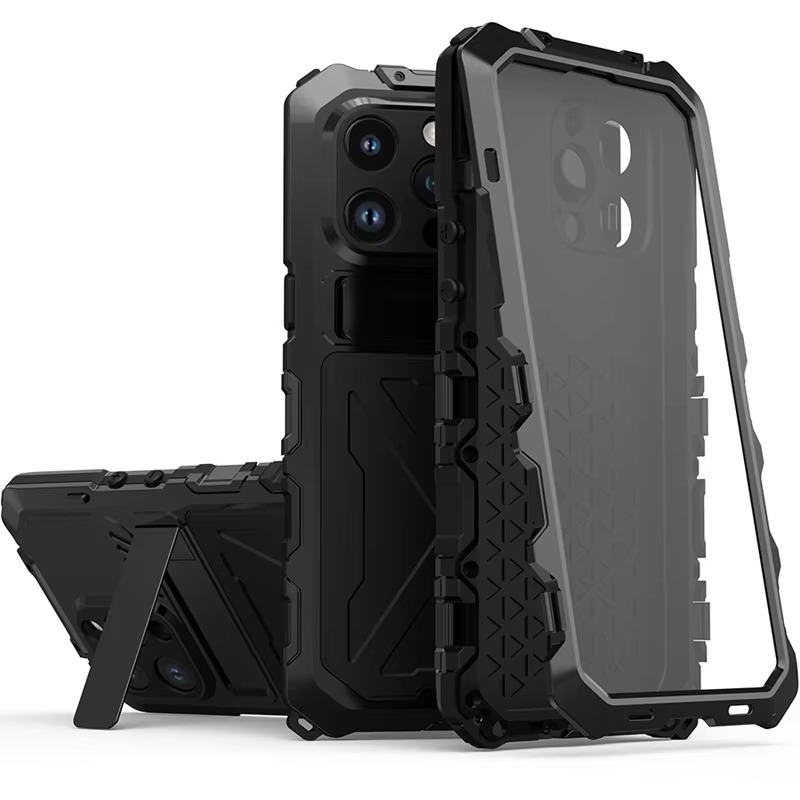 Rugged iPhone Case — Aluminum Military Metal Bumper with Screen Protector, Shockproof Silicone Back, Heavy-Duty Water-Resistant Non-Slip Design