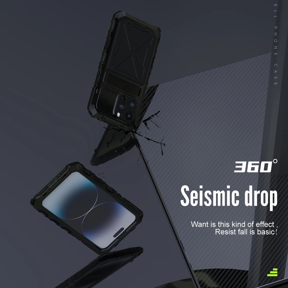 Rugged iPhone Case — Aluminum Military Metal Bumper with Screen Protector, Shockproof Silicone Back, Heavy-Duty Water-Resistant Non-Slip Design