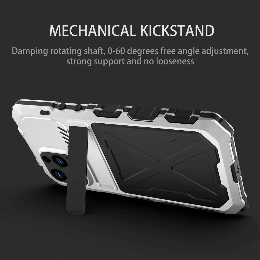 Rugged iPhone Case — Aluminum Military Metal Bumper with Screen Protector, Shockproof Silicone Back, Heavy-Duty Water-Resistant Non-Slip Design