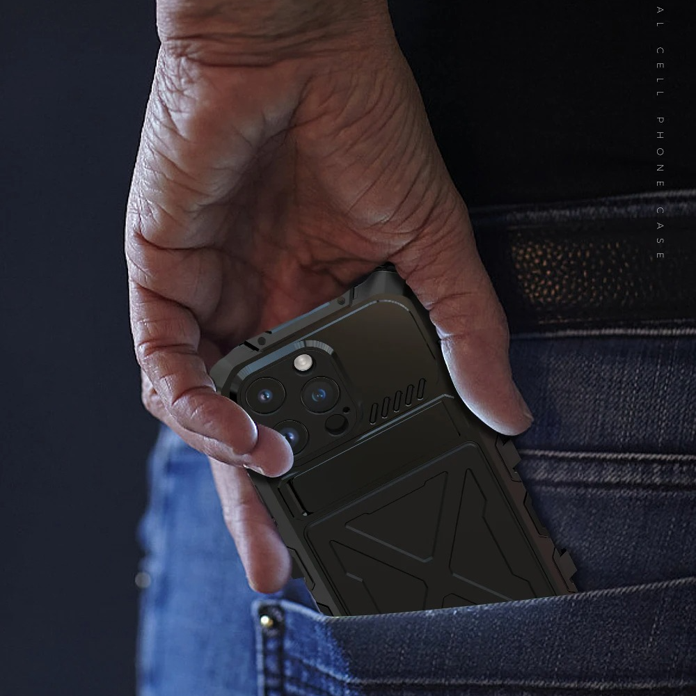 Rugged iPhone Case — Aluminum Military Metal Bumper with Screen Protector, Shockproof Silicone Back, Heavy-Duty Water-Resistant Non-Slip Design