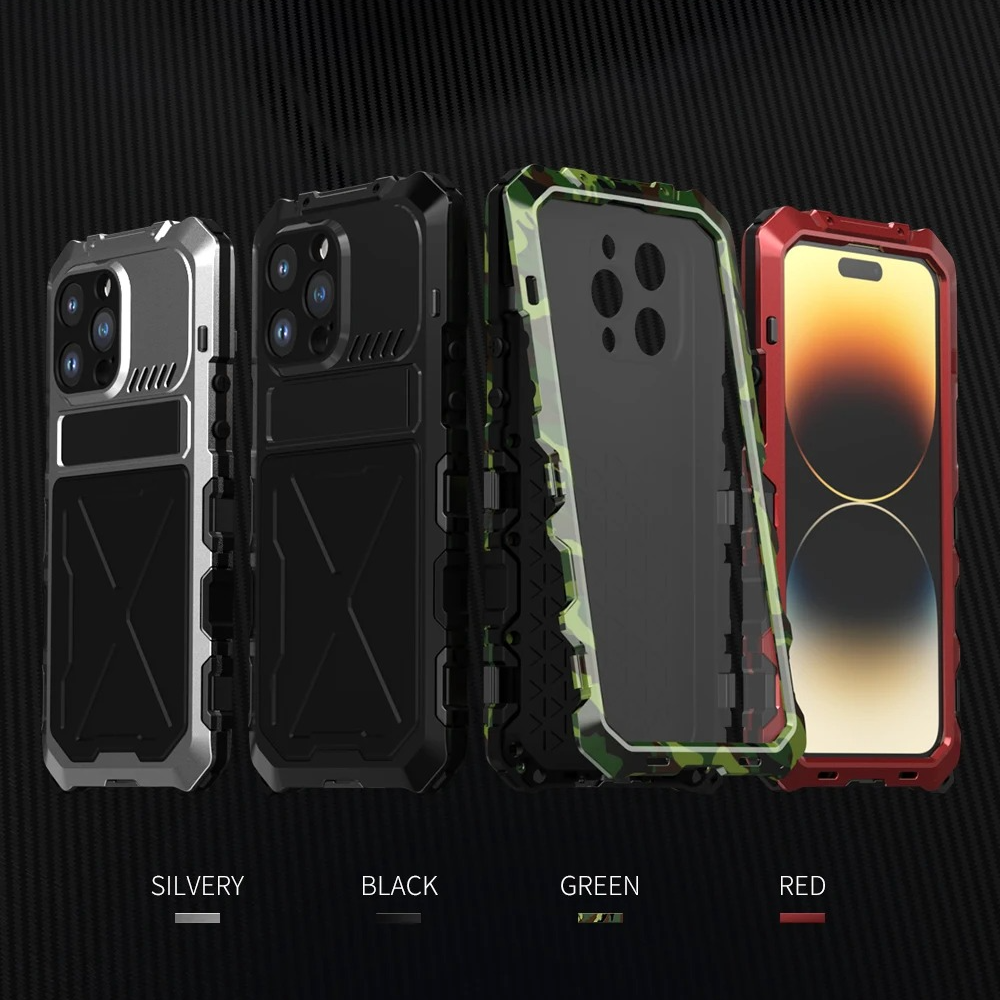 Rugged iPhone Case — Aluminum Military Metal Bumper with Screen Protector, Shockproof Silicone Back, Heavy-Duty Water-Resistant Non-Slip Design