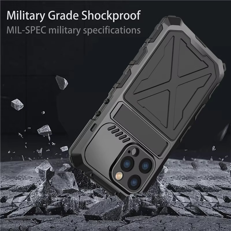 Rugged iPhone Case — Aluminum Military Metal Bumper with Screen Protector, Shockproof Silicone Back, Heavy-Duty Water-Resistant Non-Slip Design