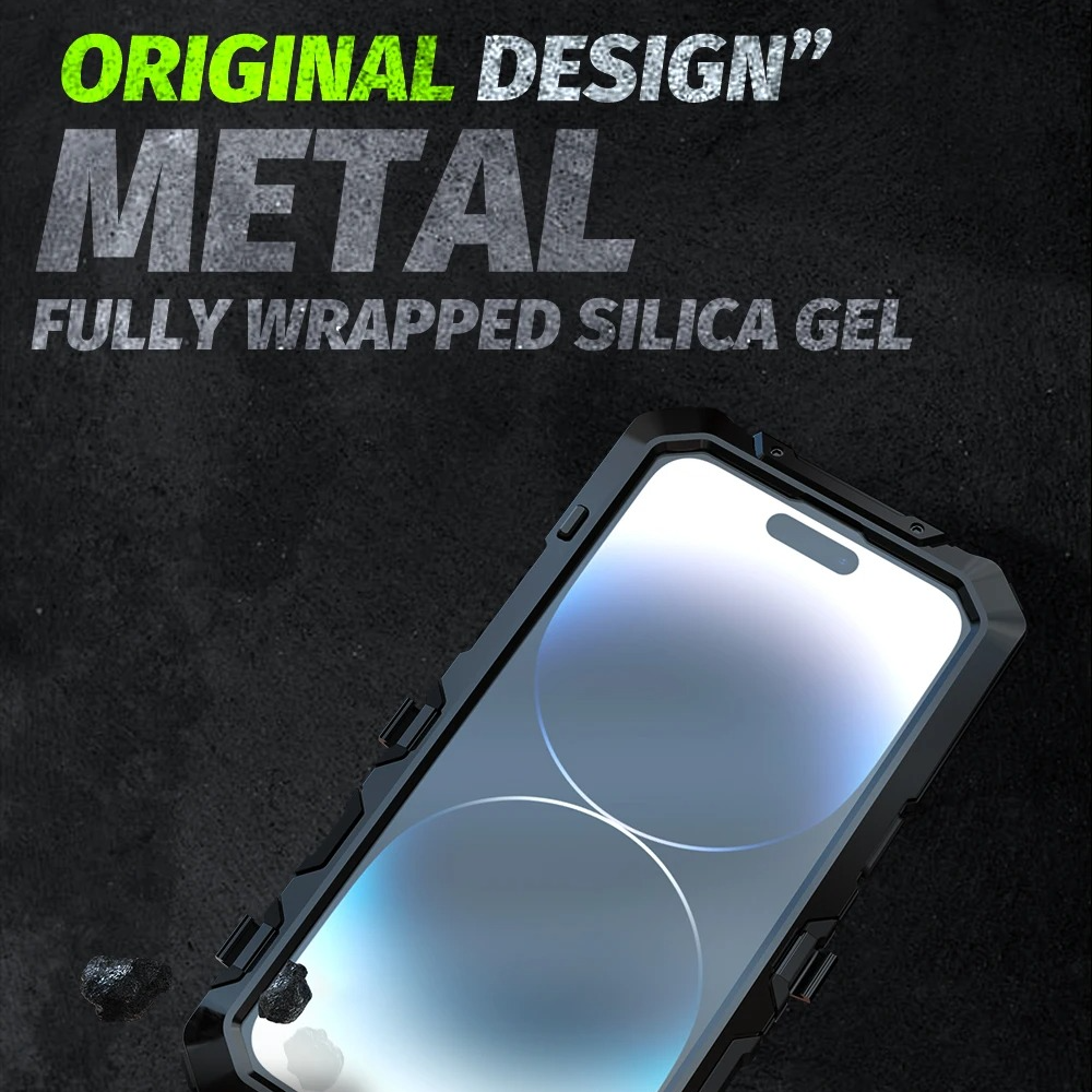 Rugged iPhone Case — Aluminum Military Metal Bumper with Screen Protector, Shockproof Silicone Back, Heavy-Duty Water-Resistant Non-Slip Design