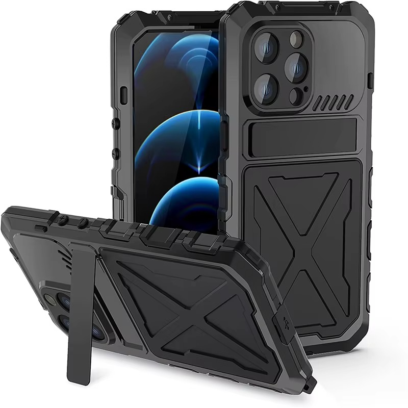 Rugged iPhone Case — Aluminum Military Metal Bumper with Screen Protector, Shockproof Silicone Back, Heavy-Duty Water-Resistant Non-Slip Design