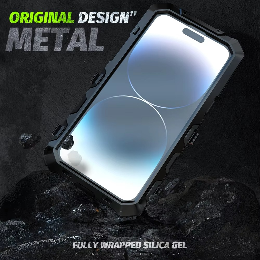 Rugged iPhone Case — Aluminum Military Metal Bumper with Screen Protector, Shockproof Silicone Back, Heavy-Duty Water-Resistant Non-Slip Design