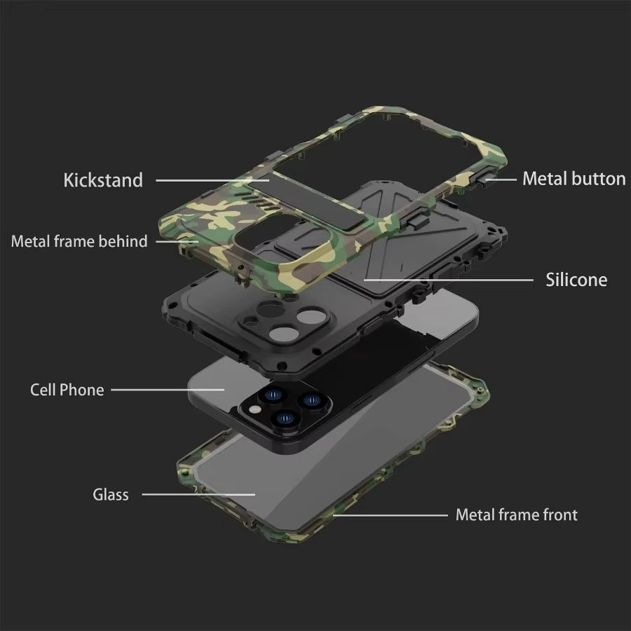 Rugged iPhone Case — Aluminum Military Metal Bumper with Shockproof Silicone Back, Screen Protector, Heavy-Duty Dustproof Non-Slip Design