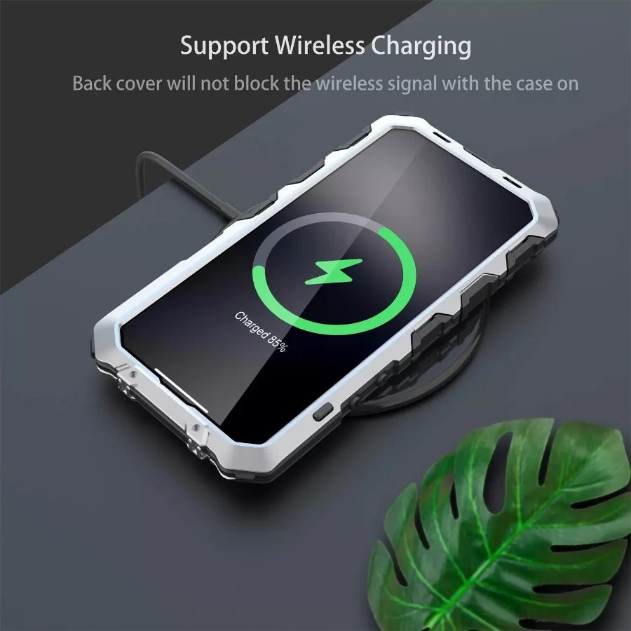 Rugged iPhone Case — Aluminum Military Metal Bumper with Shockproof Silicone Back, Screen Protector, Heavy-Duty Dustproof Non-Slip Design