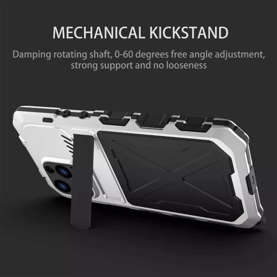 Rugged iPhone Case — Aluminum Military Metal Bumper with Shockproof Silicone Back, Screen Protector, Heavy-Duty Dustproof Non-Slip Design