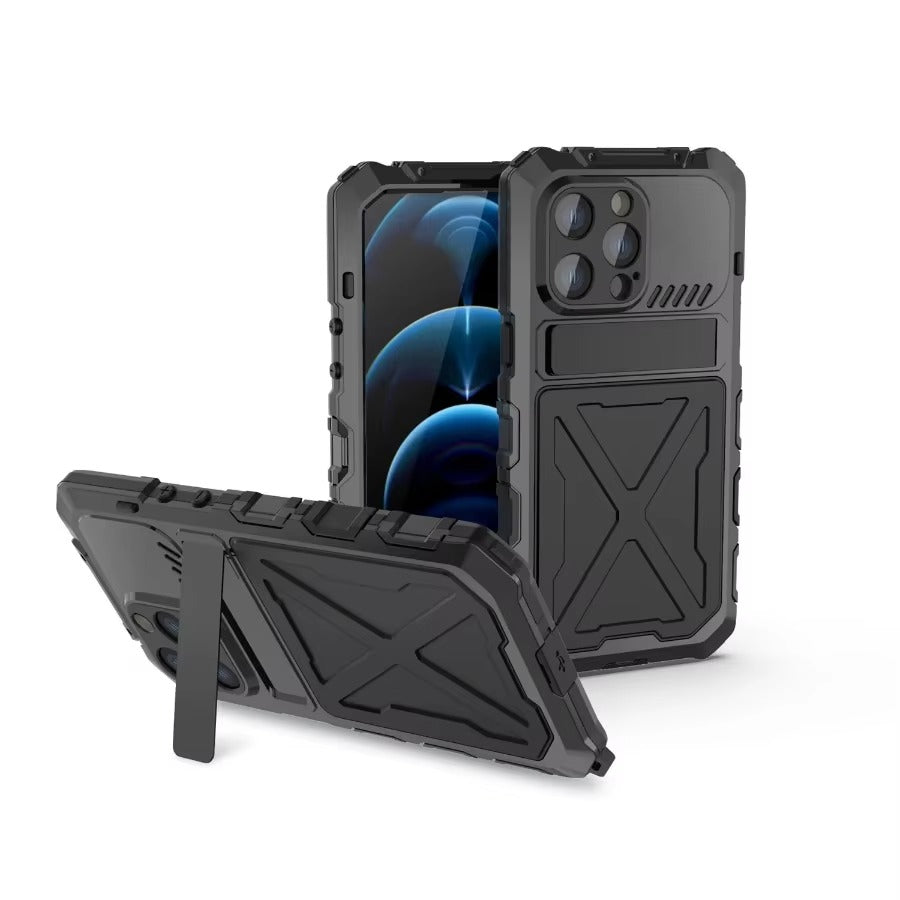 Rugged iPhone Case — Aluminum Military Metal Bumper with Shockproof Silicone Back, Screen Protector, Heavy-Duty Dustproof Non-Slip Design