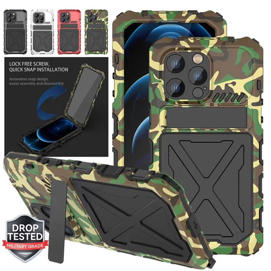 Rugged iPhone Case — Aluminum Military Metal Bumper with Shockproof Silicone Back, Screen Protector, Heavy-Duty Dustproof Non-Slip Design