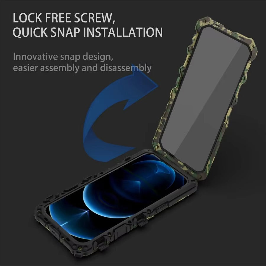 Rugged iPhone Case — Aluminum Military Metal Bumper with Shockproof Silicone Back, Screen Protector, Heavy-Duty Dustproof Non-Slip Design