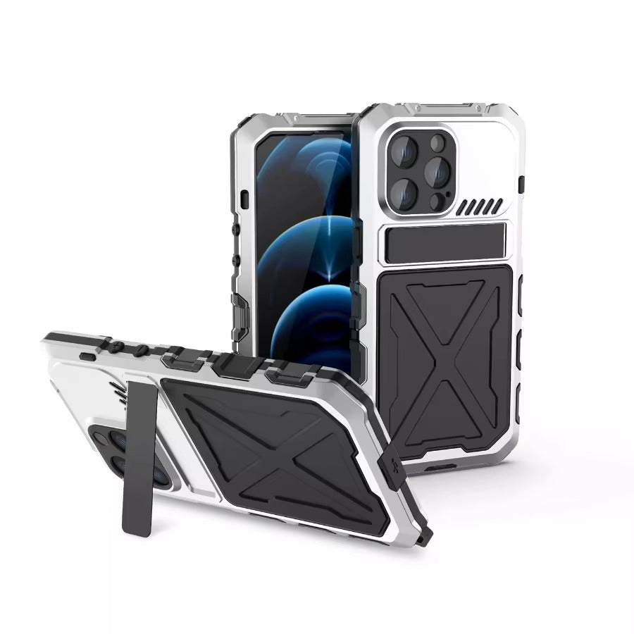 Rugged iPhone Case — Aluminum Military Metal Bumper with Shockproof Silicone Back, Screen Protector, Heavy-Duty Dustproof Non-Slip Design