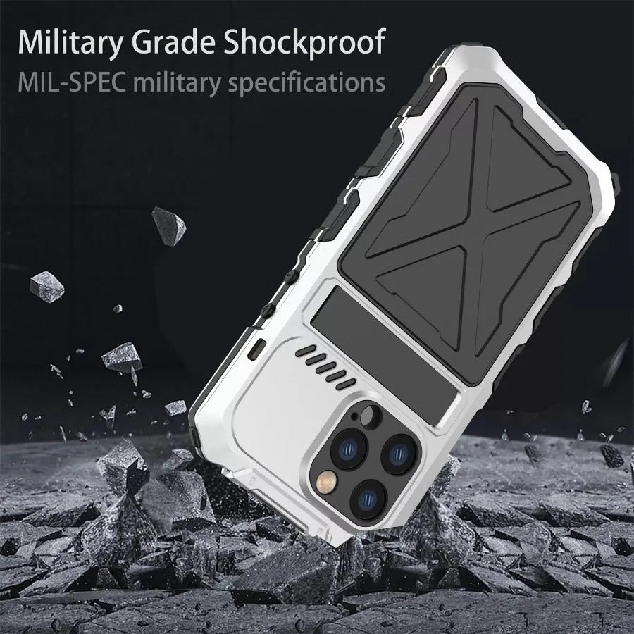 Rugged iPhone Case — Aluminum Military Metal Bumper with Shockproof Silicone Back, Screen Protector, Heavy-Duty Dustproof Non-Slip Design