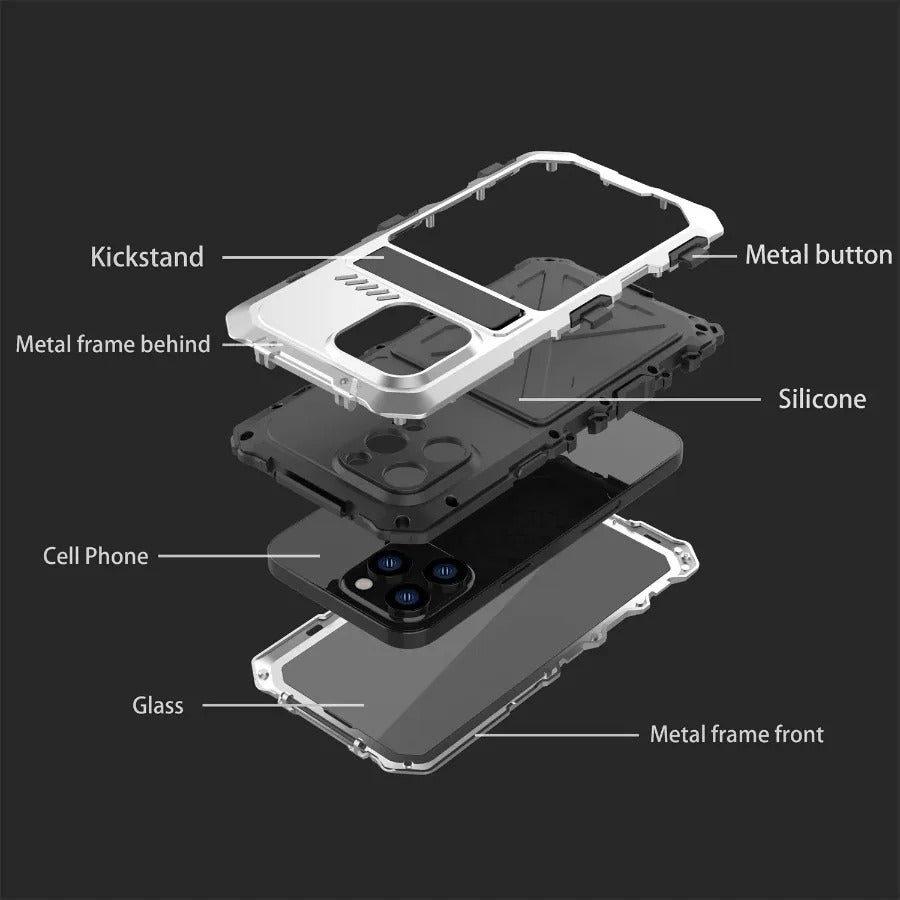 Rugged iPhone Case — Aluminum Military Metal Bumper with Shockproof Silicone Back, Screen Protector, Heavy-Duty Dustproof Non-Slip Design