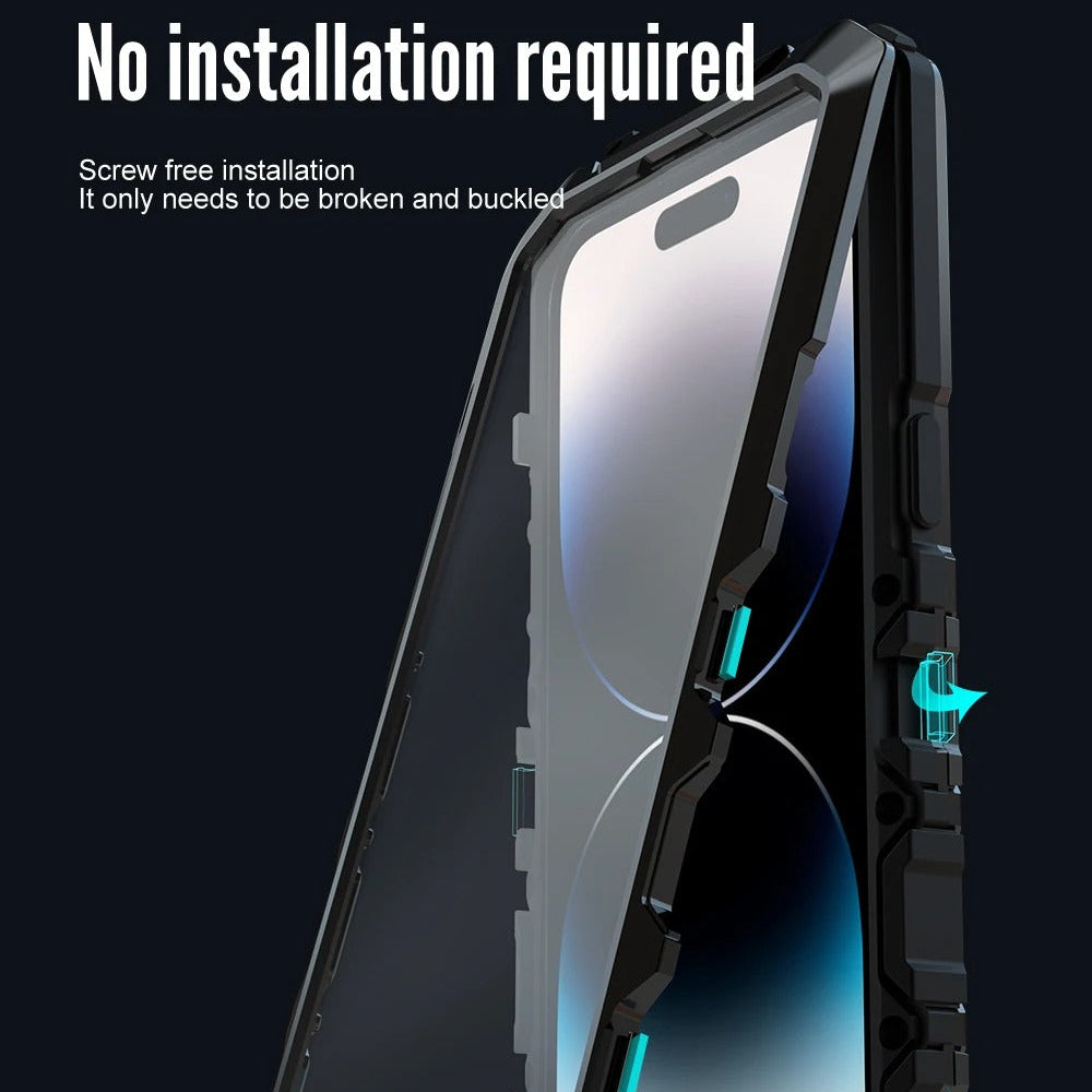 Rugged iPhone Case — Aluminum Military Metal Bumper with Shockproof Silicone Back, Screen Protector, Heavy-Duty Dustproof Non-Slip Design