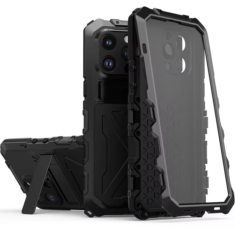 Rugged iPhone Case — Aluminum Military Metal Bumper with Shockproof Silicone Back, Screen Protector, Heavy-Duty Dustproof Non-Slip Design