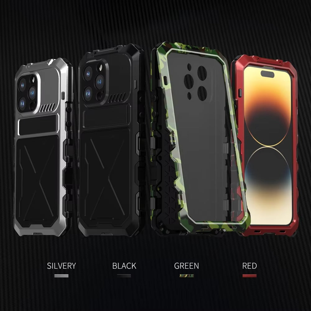Rugged iPhone Case — Aluminum Military Metal Bumper with Shockproof Silicone Back, Screen Protector, Heavy-Duty Dustproof Non-Slip Design