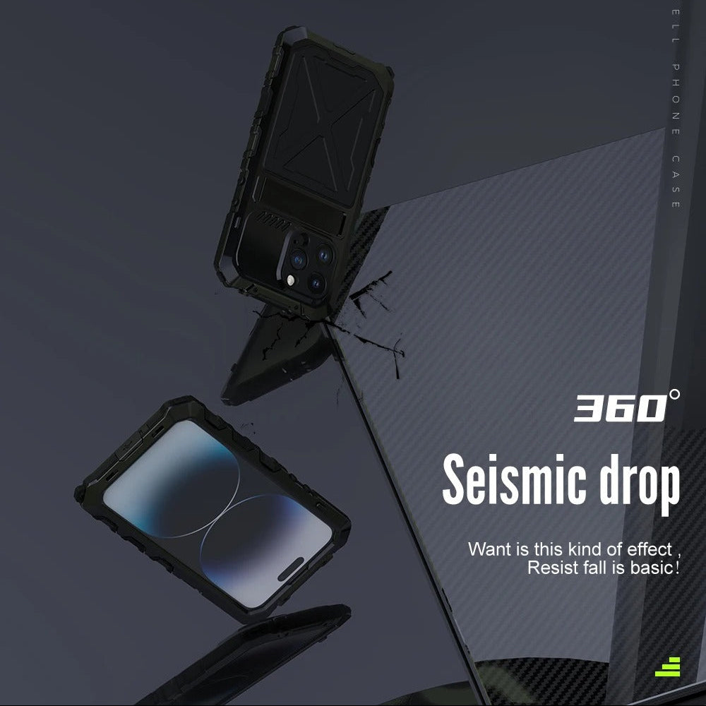 Rugged iPhone Case — Aluminum Military Metal Bumper with Shockproof Silicone Back, Screen Protector, Heavy-Duty Dustproof Non-Slip Design