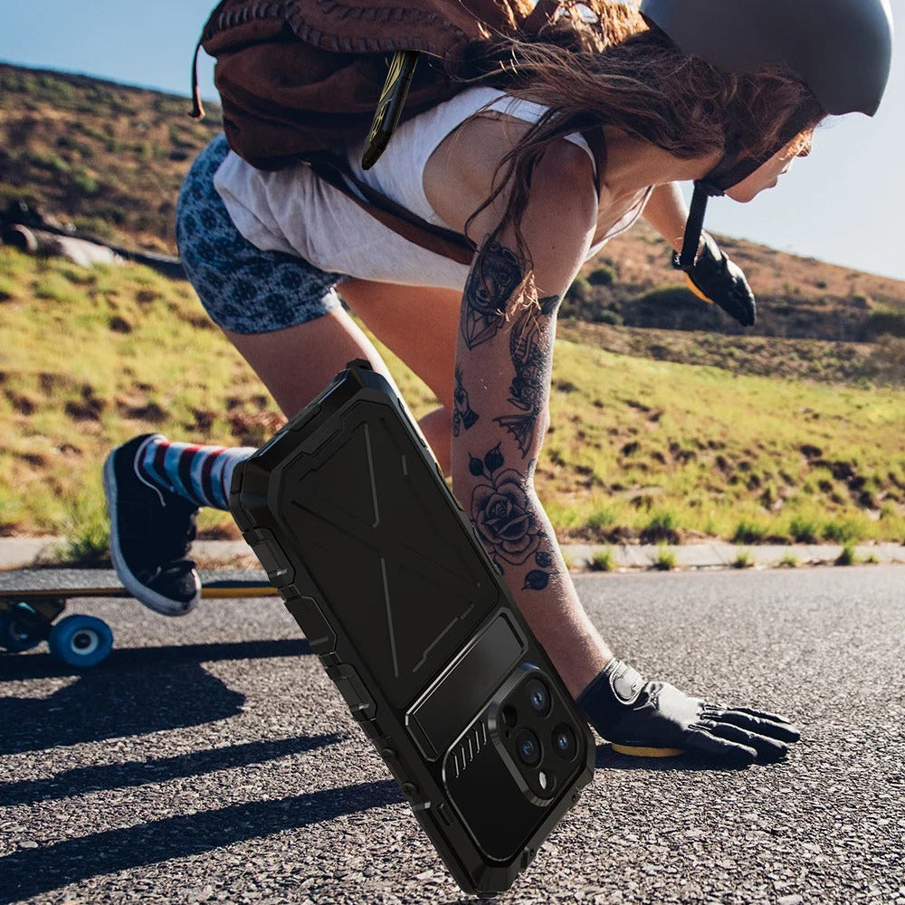 Rugged iPhone Case — Aluminum Military Metal Bumper with Shockproof Silicone Back, Screen Protector, Heavy-Duty Dustproof Non-Slip Design