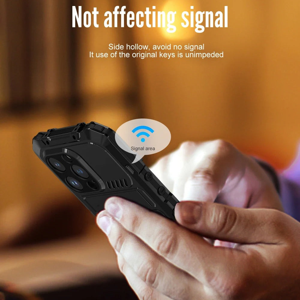 Rugged iPhone Case — Aluminum Military Metal Bumper with Shockproof Silicone Back, Screen Protector, Heavy-Duty Dustproof Non-Slip Design