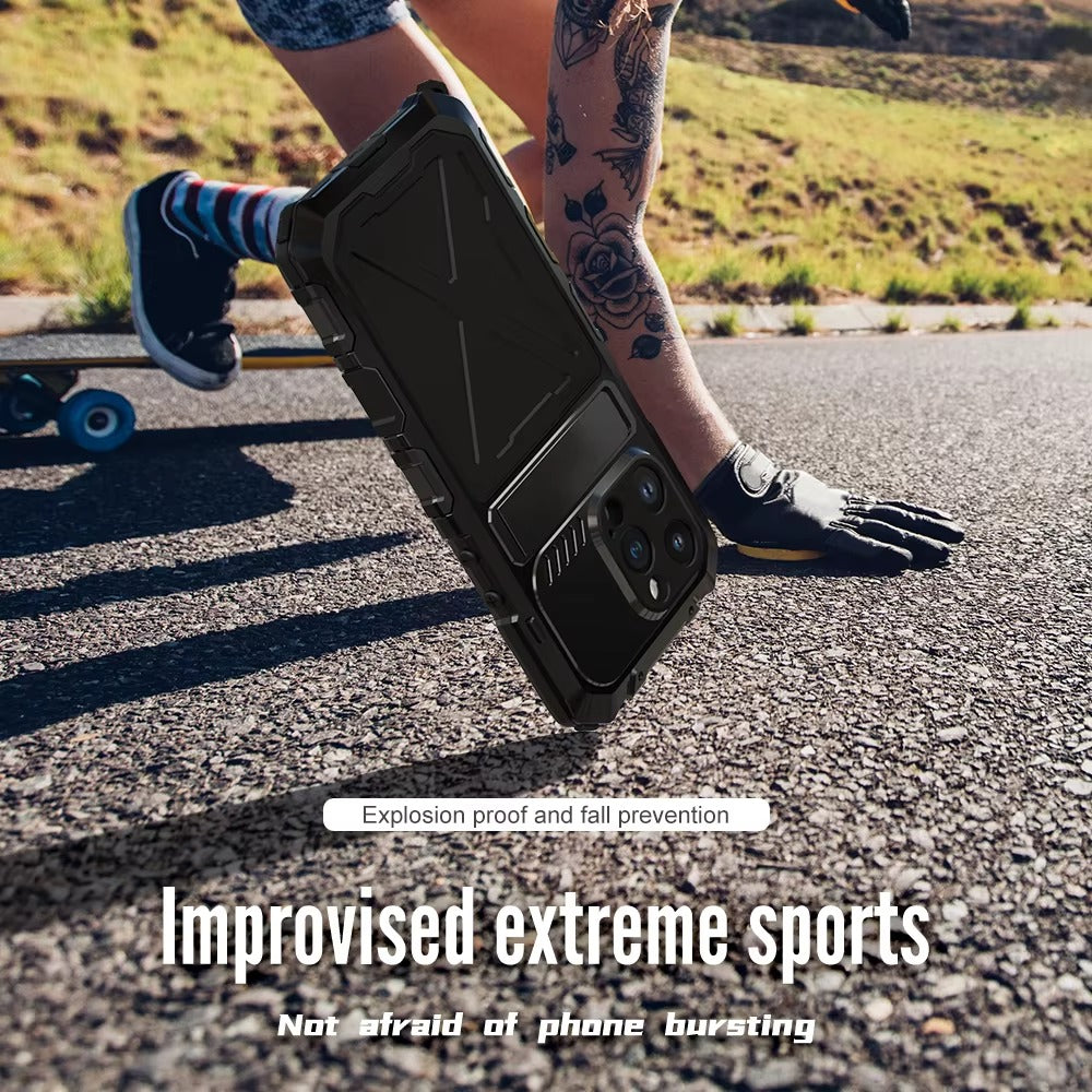 Rugged iPhone Case — Aluminum Military Metal Bumper with Shockproof Silicone Back, Screen Protector, Heavy-Duty Dustproof Non-Slip Design