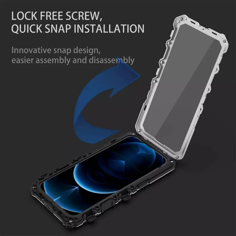 Rugged iPhone Case — Aluminum Military Metal Bumper with Shockproof Silicone Back, Screen Protector, Heavy-Duty Dustproof Non-Slip Design