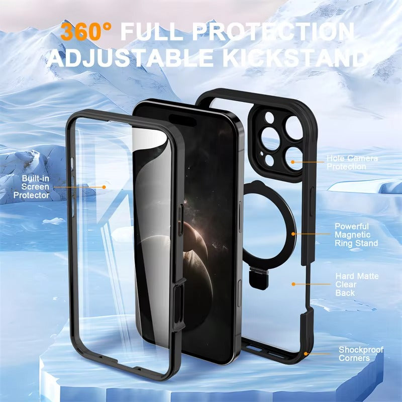 Rugged iPhone Case — Full-Body Shockproof PC+TPU Cover with Built-In Screen Protector, Invisible Magnetic Stand, Anti-Fingerprint Anti-Scratch Design