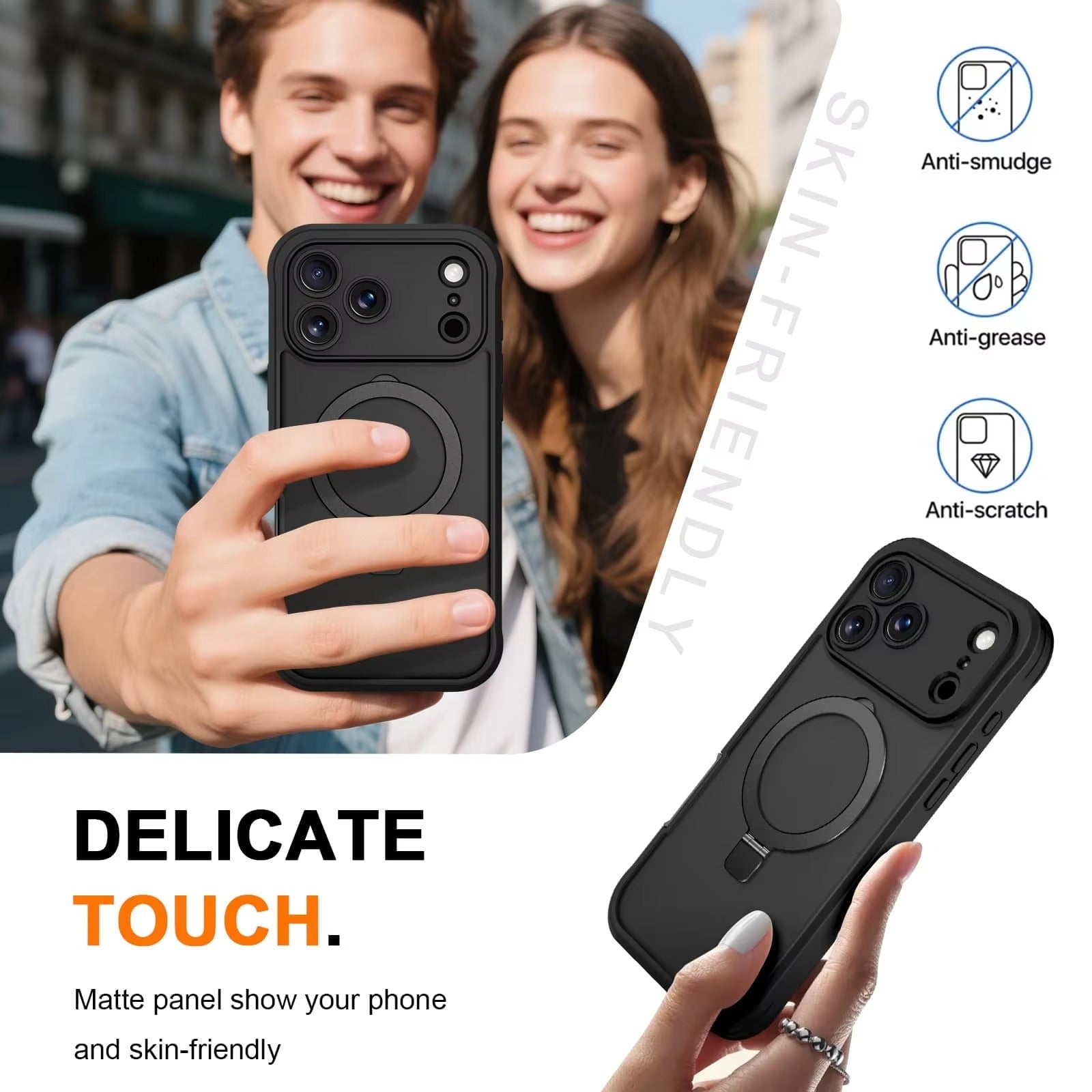 Rugged iPhone Case — Full-Body Shockproof PC+TPU Cover with Built-In Screen Protector, Invisible Magnetic Stand, Anti-Fingerprint Anti-Scratch Design