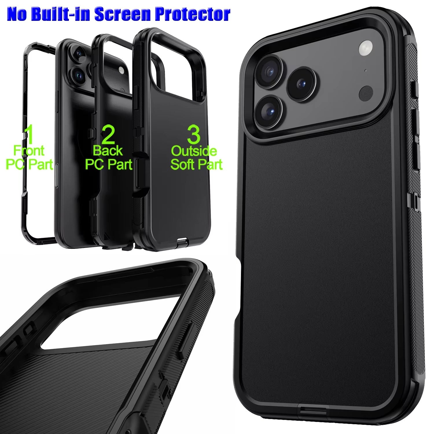 Rugged iPhone Case — Heavy-Duty 3-Layer Hybrid Protective Cover with Shockproof Hard PC Design and Matte Anti-Fingerprint Finish