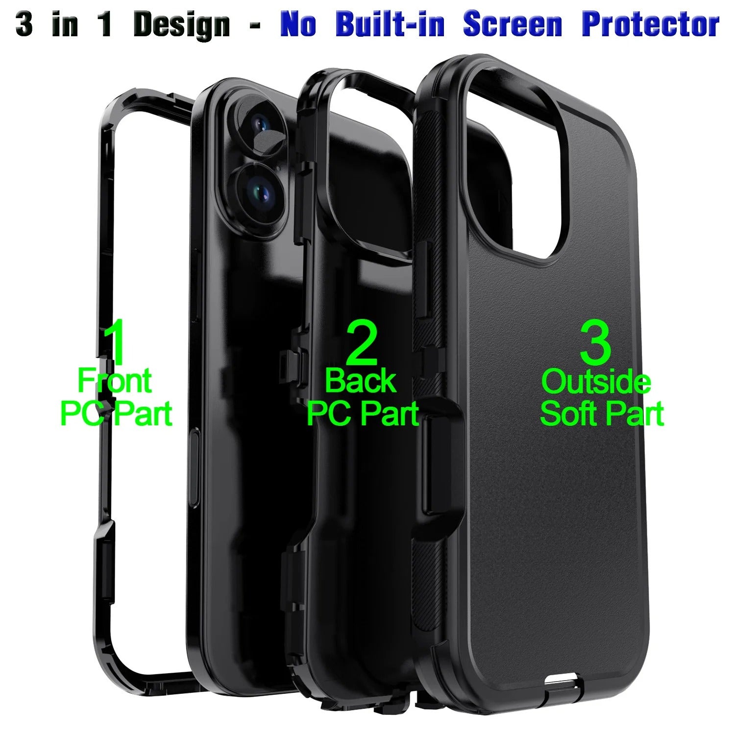 Rugged iPhone Case — Heavy-Duty 3-Layer Hybrid Protective Cover with Shockproof Hard PC Design and Matte Anti-Fingerprint Finish