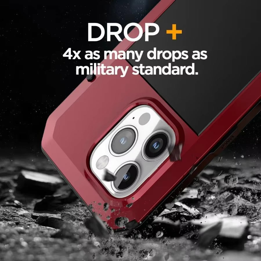 Rugged iPhone Case — Heavy-Duty Aluminum Alloy Armor Cover with Dual-Layer Metal + TPU Protection, Shockproof Screen Guard, IP54 Dustproof Anti-Fingerprint Design