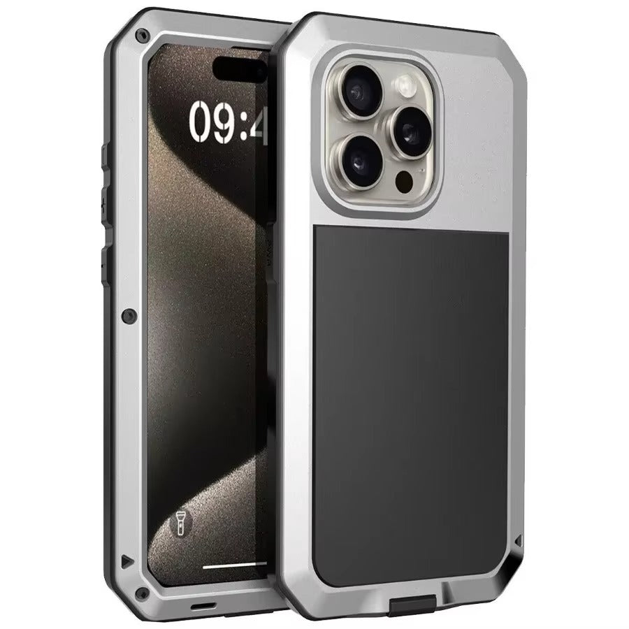 Rugged iPhone Case — Heavy-Duty Aluminum Alloy Armor Cover with Dual-Layer Metal + TPU Protection, Shockproof Screen Guard, IP54 Dustproof Anti-Fingerprint Design