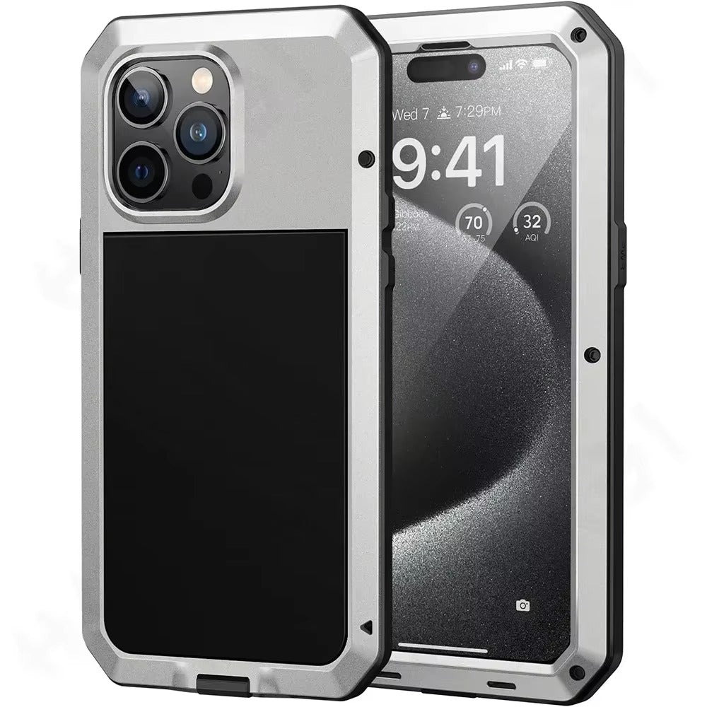 Rugged iPhone Case — Heavy-Duty Aluminum Alloy Armor Cover with Dual-Layer Metal + TPU Protection, Shockproof Screen Guard, IP54 Dustproof Anti-Fingerprint Design