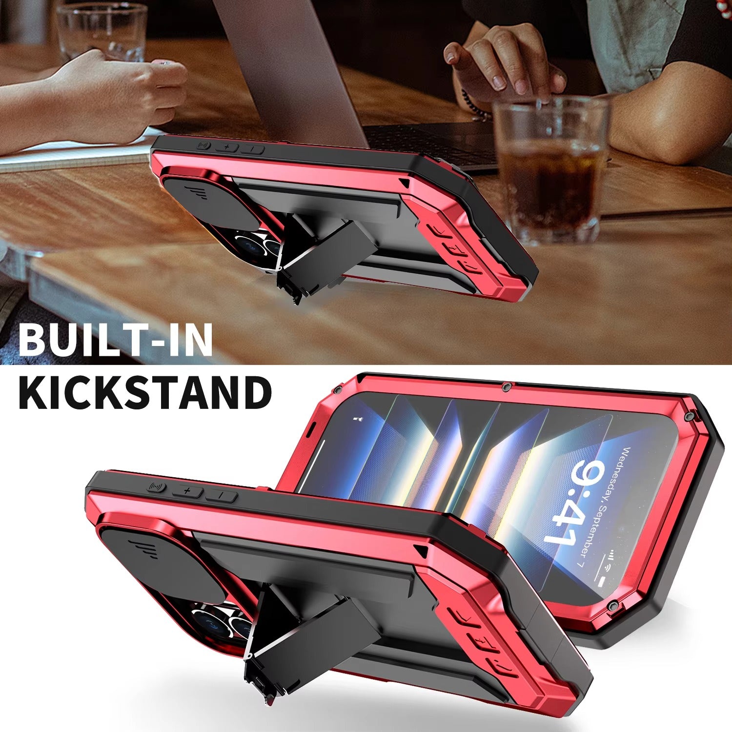 Rugged iPhone Case — Heavy-Duty Aluminum Armor Cover with Built-In Glass Screen Protector, Kickstand, Shockproof Dual-Layer Design and Dustproof Anti-Fingerprint Finish