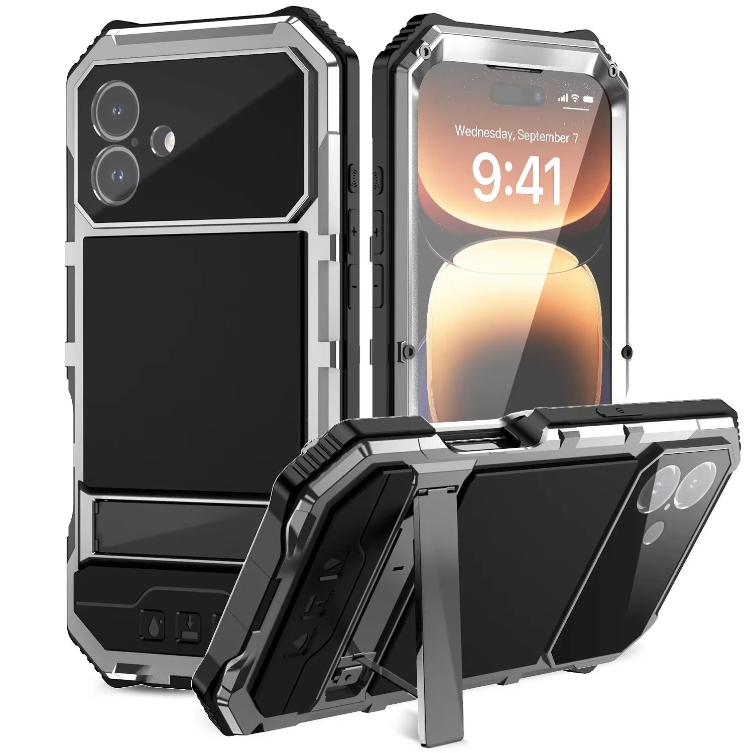 Rugged iPhone Case — Heavy-Duty Aluminum Armor Cover with Built-In Glass Screen Protector, Kickstand, Shockproof Dual-Layer Design and Dustproof Anti-Fingerprint Finish