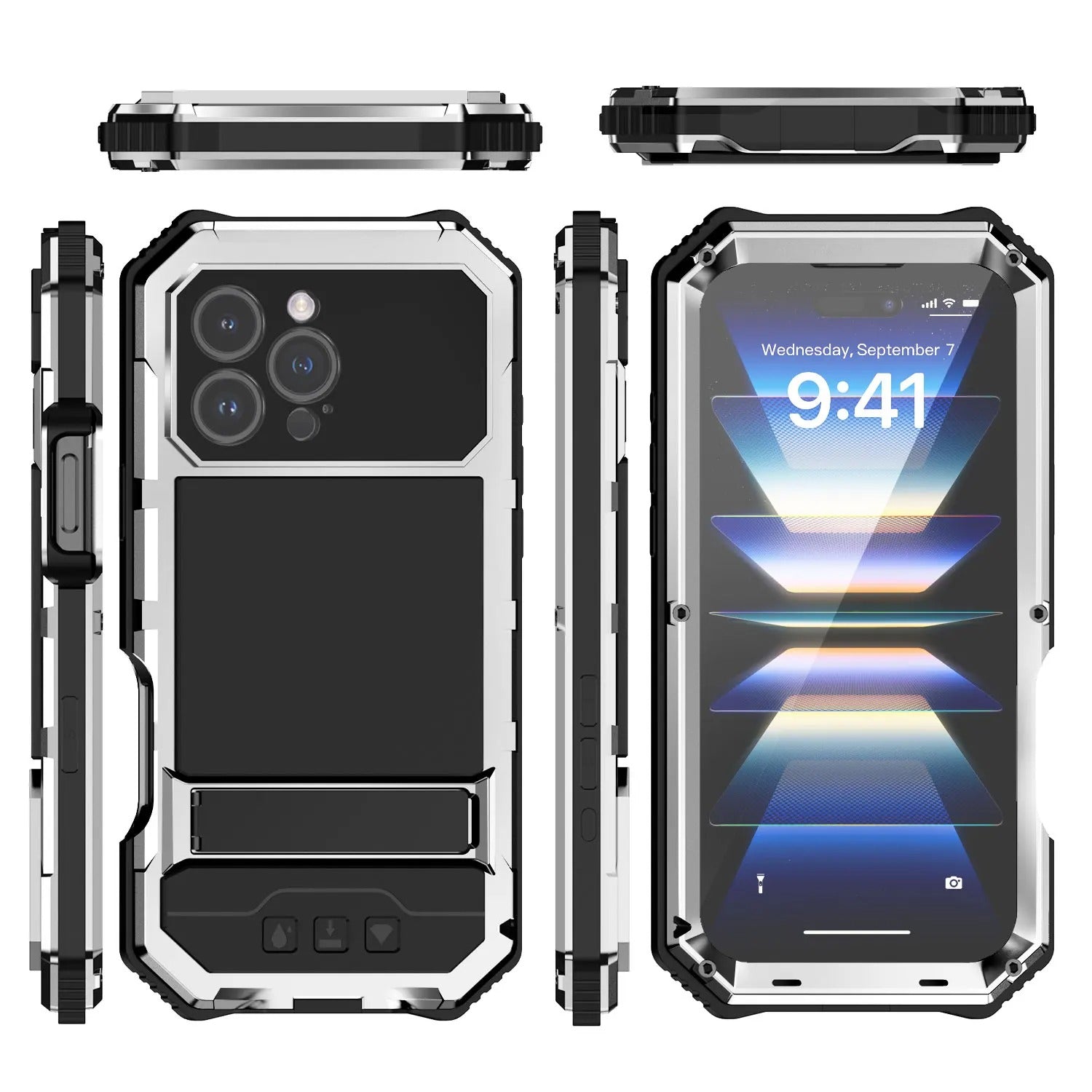 Rugged iPhone Case — Heavy-Duty Aluminum Armor Cover with Built-In Glass Screen Protector, Kickstand, Shockproof Dual-Layer Design and Dustproof Anti-Fingerprint Finish