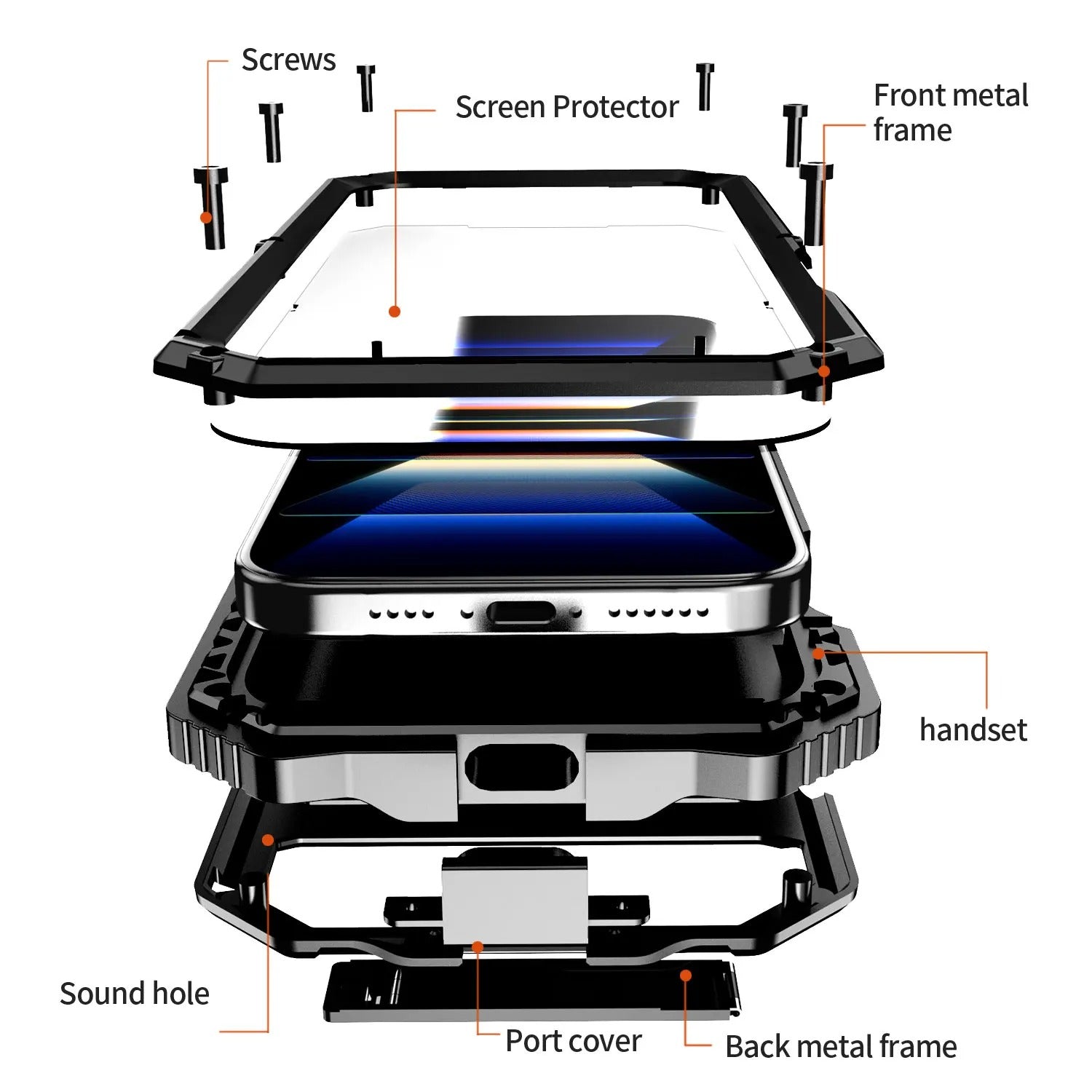 Rugged iPhone Case — Heavy-Duty Aluminum Armor Cover with Built-In Glass Screen Protector, Kickstand, Shockproof Dual-Layer Design and Dustproof Anti-Fingerprint Finish