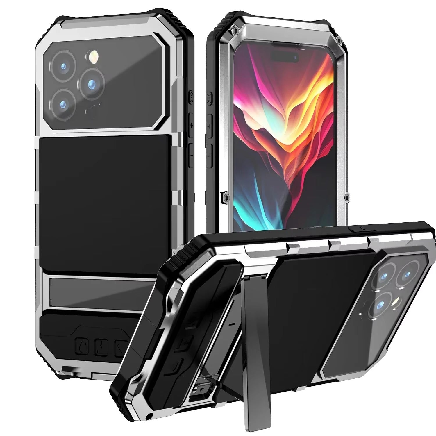 Rugged iPhone Case — Heavy-Duty Aluminum Armor Cover with Built-In Glass Screen & Lens Protectors, Shockproof Dual-Layer Design and Kickstand for Outdoor Use
