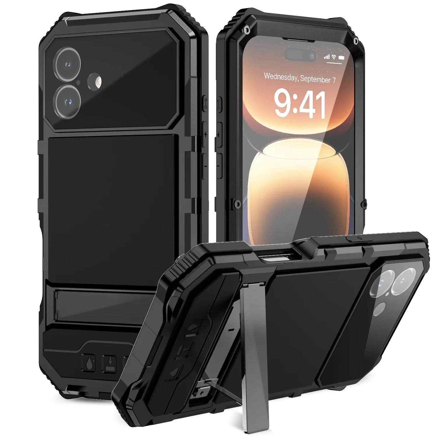 Rugged iPhone Case — Heavy-Duty Aluminum Armor Cover with Built-In Glass Screen & Lens Protectors, Shockproof Dual-Layer Design and Kickstand for Outdoor Use
