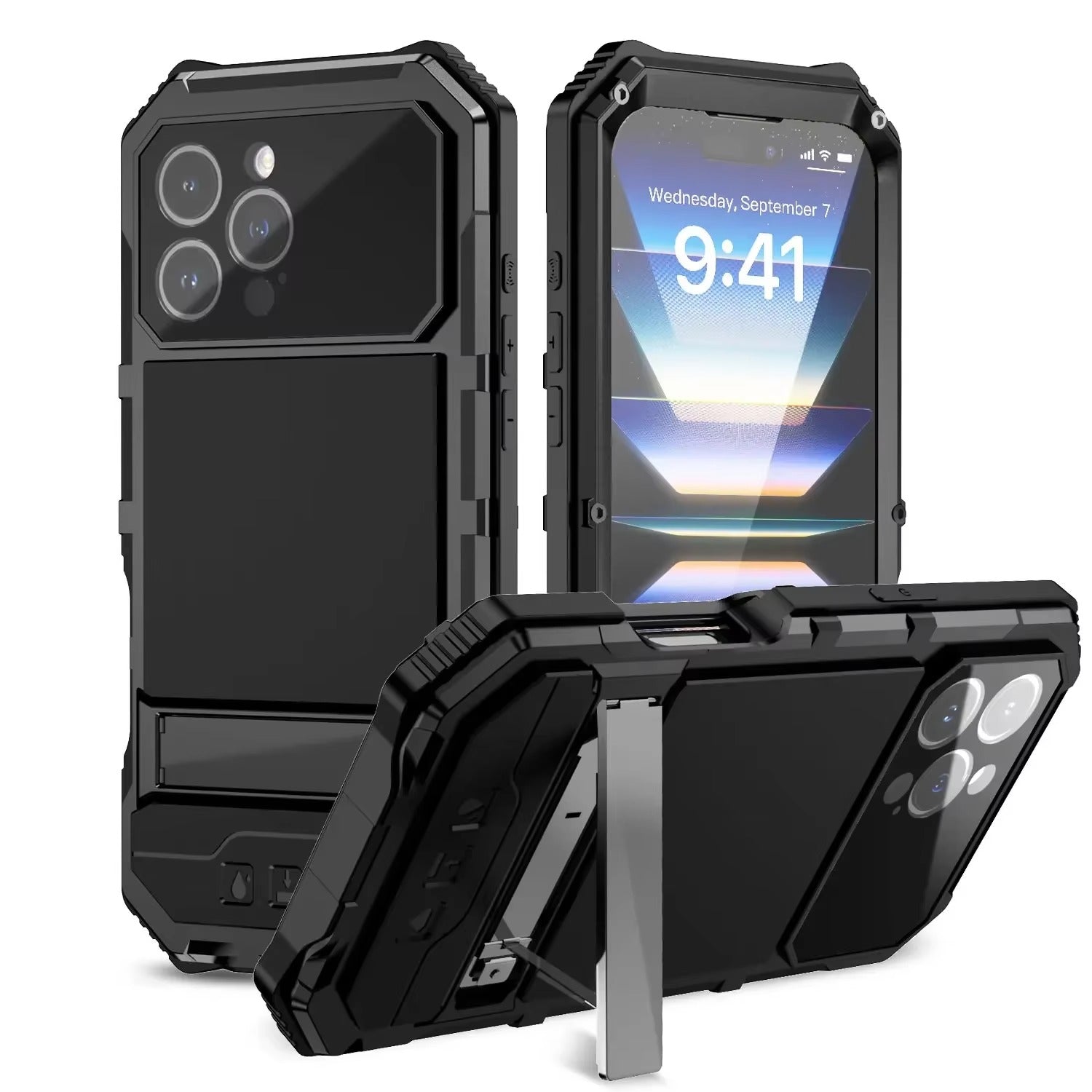 Rugged iPhone Case — Heavy-Duty Aluminum Armor Cover with Built-In Glass Screen & Lens Protectors, Shockproof Dual-Layer Design and Kickstand for Outdoor Use