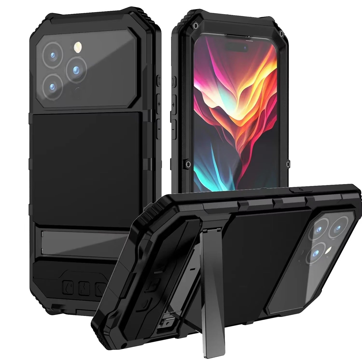 Rugged iPhone Case — Heavy-Duty Aluminum Armor Cover with Built-In Glass Screen & Lens Protectors, Shockproof Dual-Layer Design and Kickstand for Outdoor Use