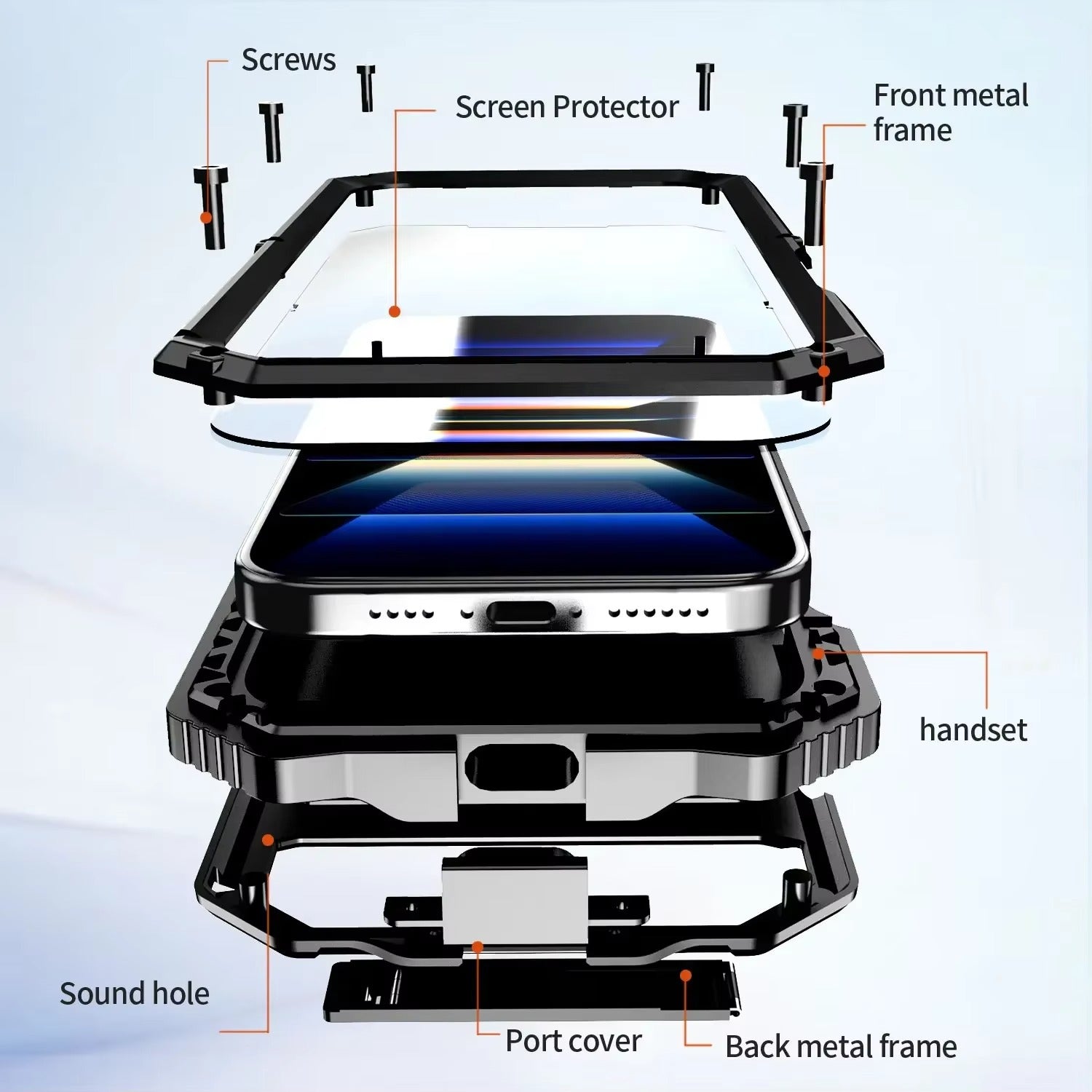 Rugged iPhone Case — Heavy-Duty Aluminum Armor Cover with Built-In Glass Screen & Lens Protectors, Shockproof Dual-Layer Design and Kickstand for Outdoor Use