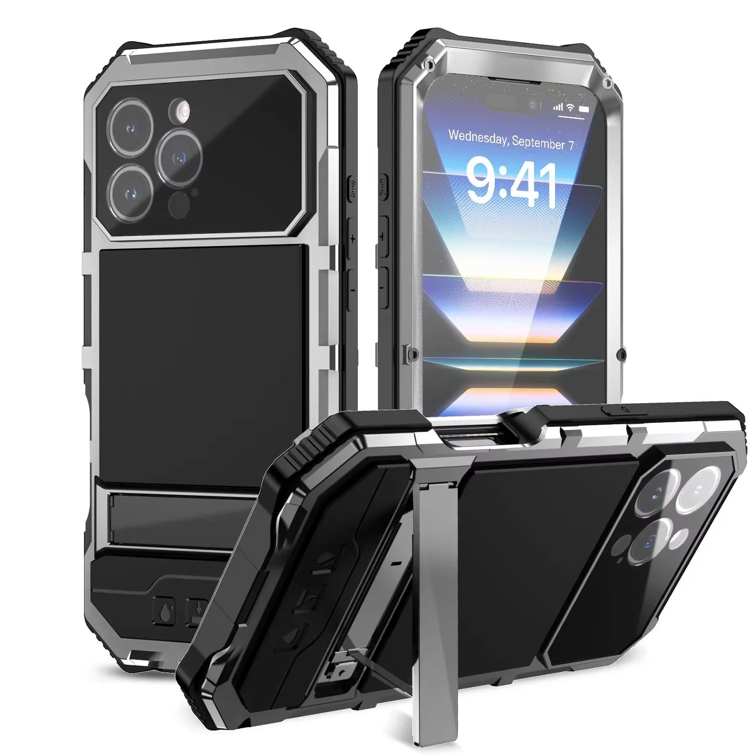 Rugged iPhone Case — Heavy-Duty Aluminum Armor Cover with Built-In Glass Screen & Lens Protectors, Shockproof Dual-Layer Design and Kickstand for Outdoor Use