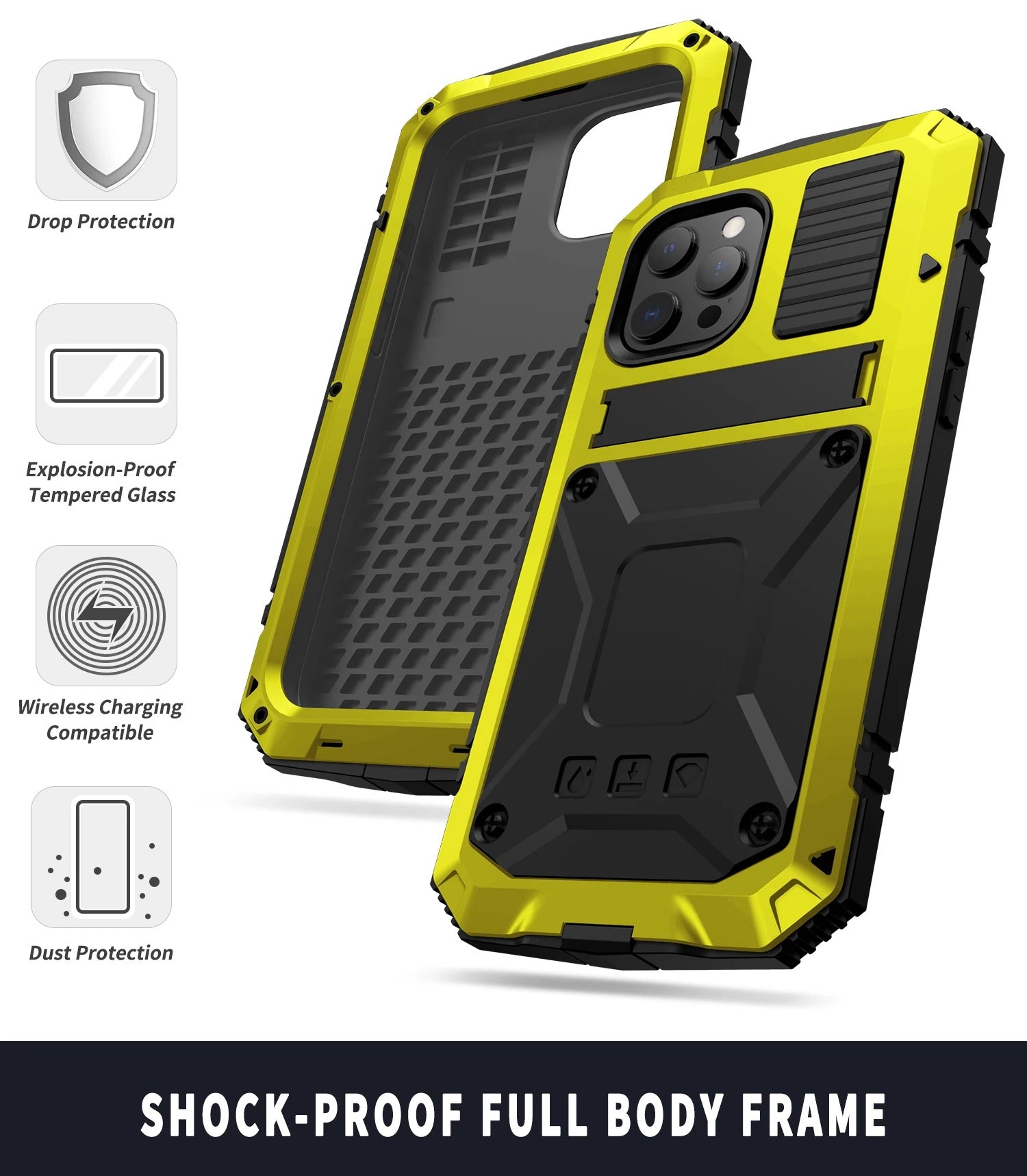 Rugged iPhone Case — Heavy-Duty Aluminum Armor Cover with Shockproof Bumper Design, Screen Guard Protection and Dustproof Anti-Fingerprint Finish