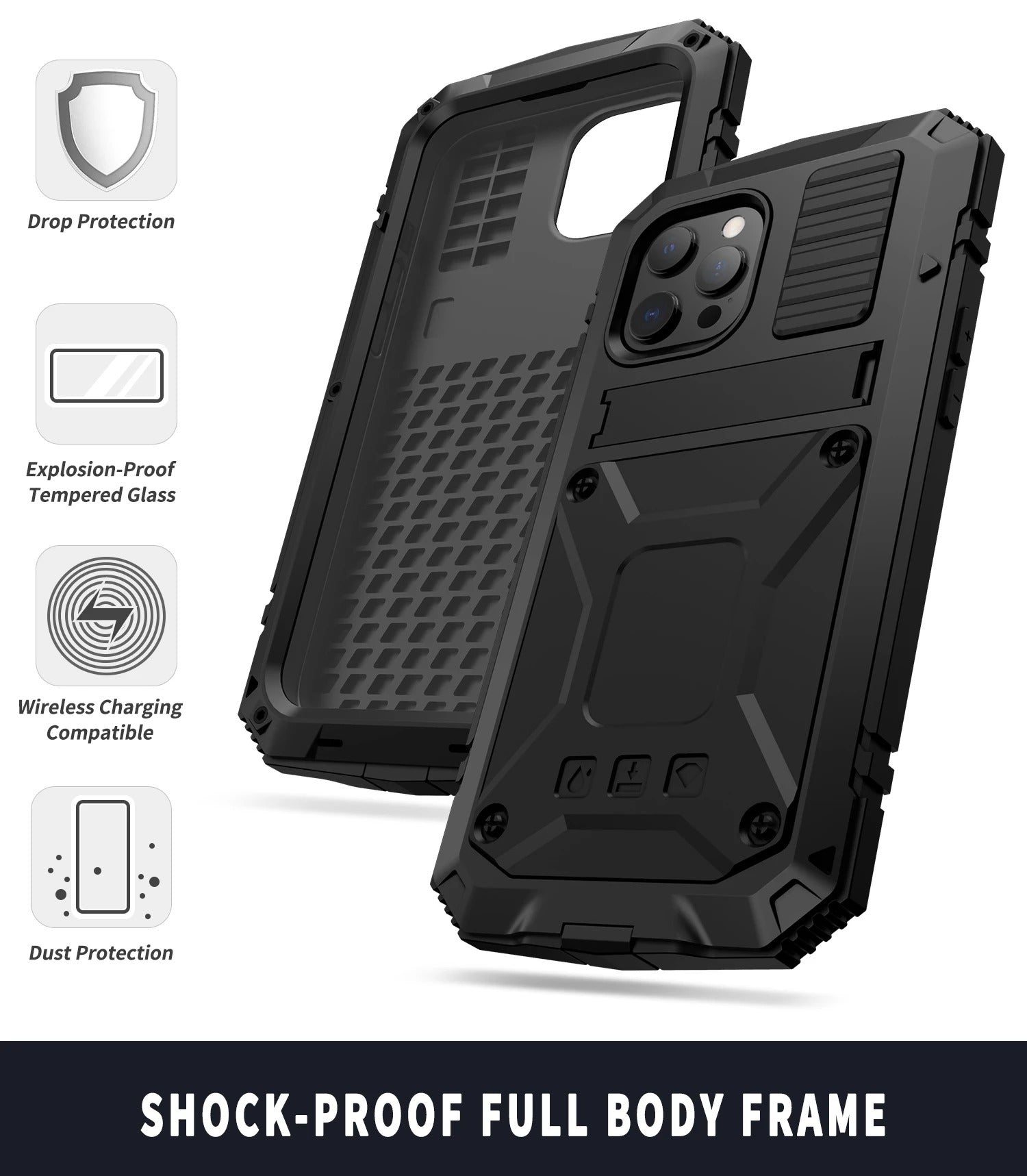 Rugged iPhone Case — Heavy-Duty Aluminum Armor Cover with Shockproof Bumper Design, Screen Guard Protection and Dustproof Anti-Fingerprint Finish