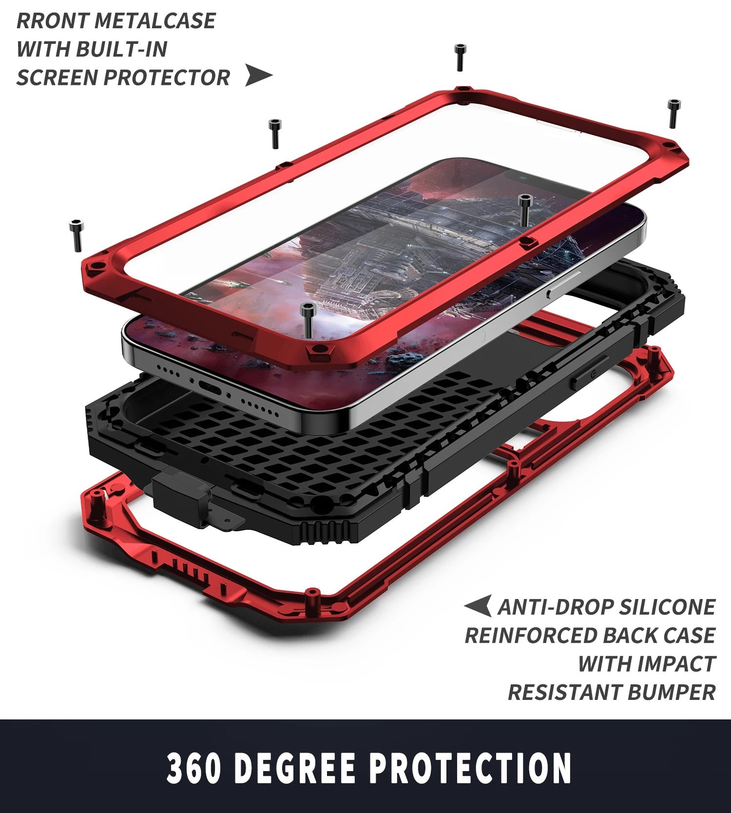 Rugged iPhone Case — Heavy-Duty Aluminum Armor Cover with Shockproof Bumper Design, Screen Guard Protection and Dustproof Anti-Fingerprint Finish