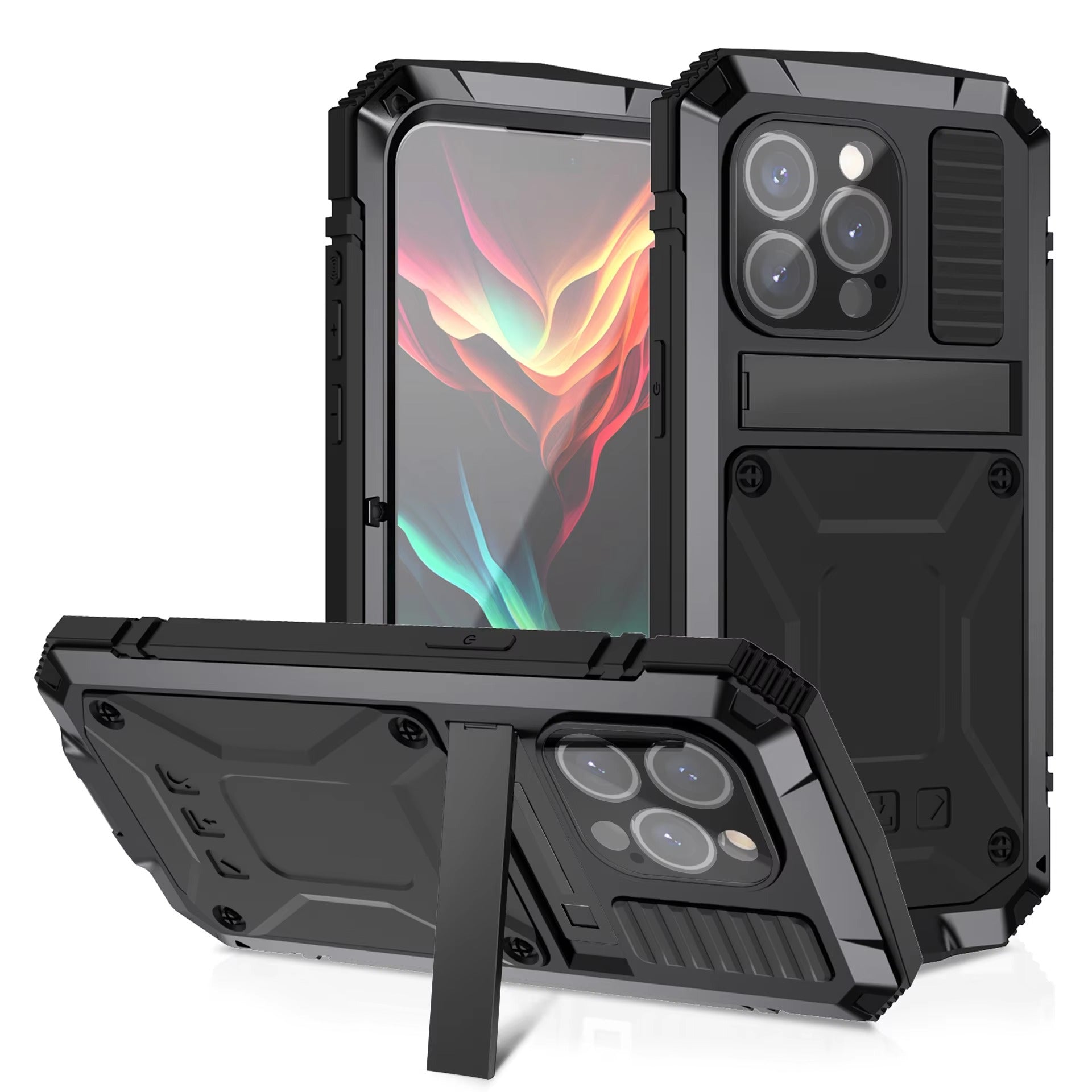 Rugged iPhone Case — Heavy-Duty Aluminum Metal Armor Cover with Tempered Glass Screen, Shockproof IP54 Water-Resistant Full-Body Protection and Kickstand